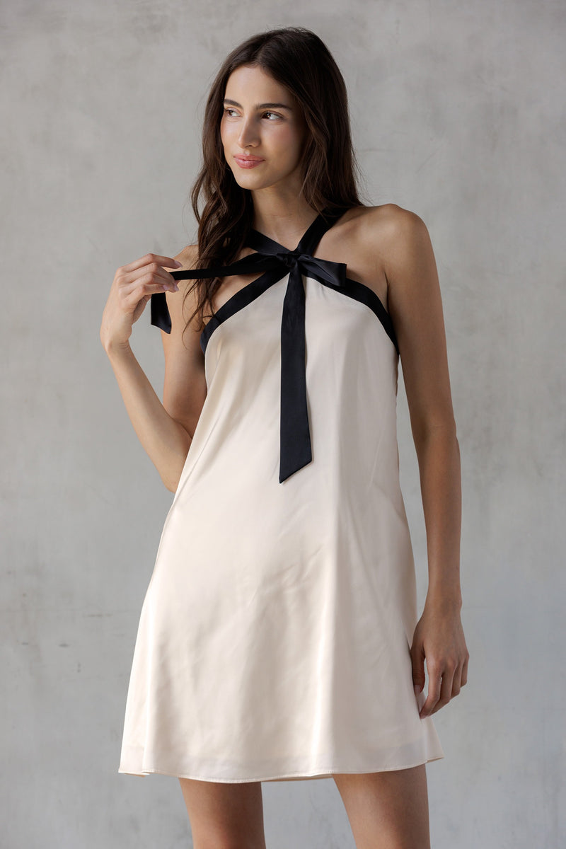 Tabitha Two Tone Halter Neck Dress, Champagne/Black