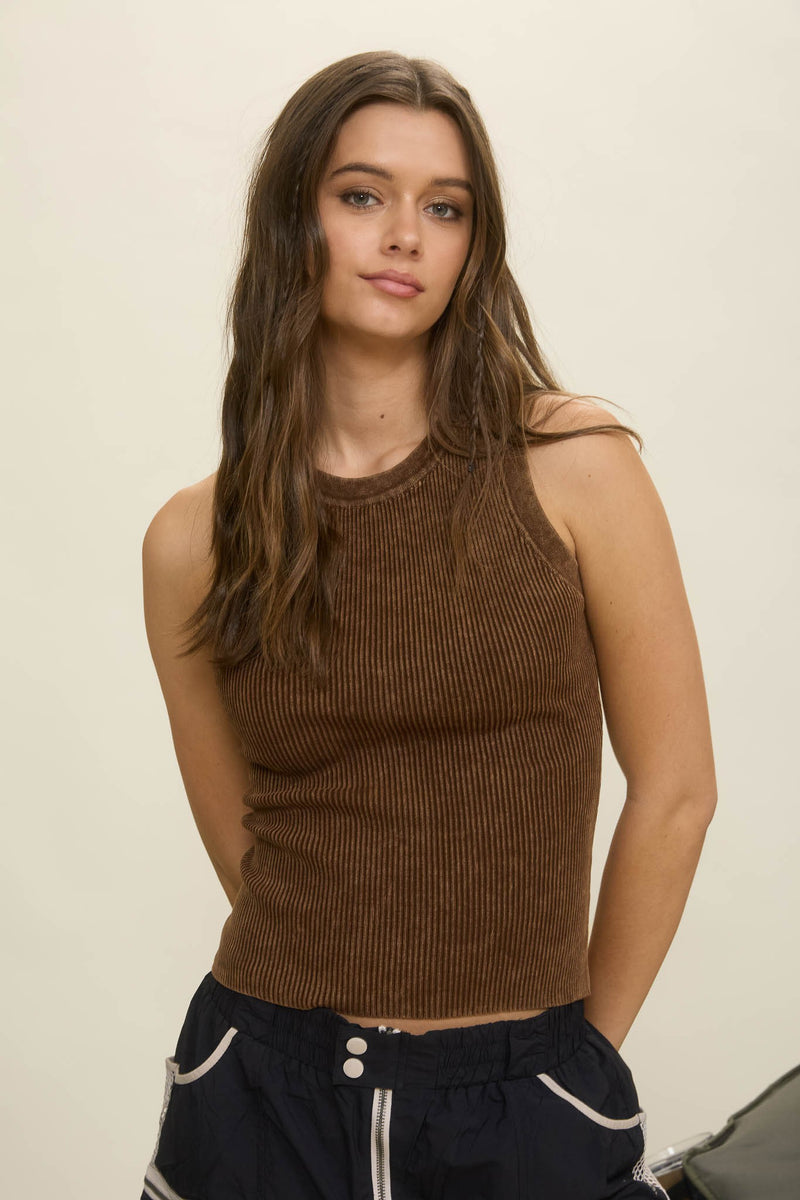 Elowen Washed Ribbed Tank Top, Brown