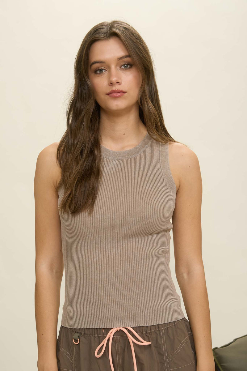 Elowen Washed Ribbed Tank Top, Mocha