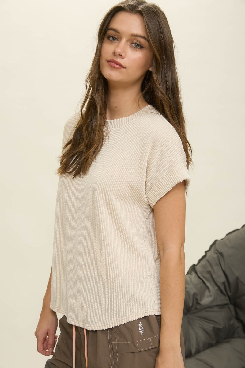 Lilly Ribbed Crew Neck Top, Cream