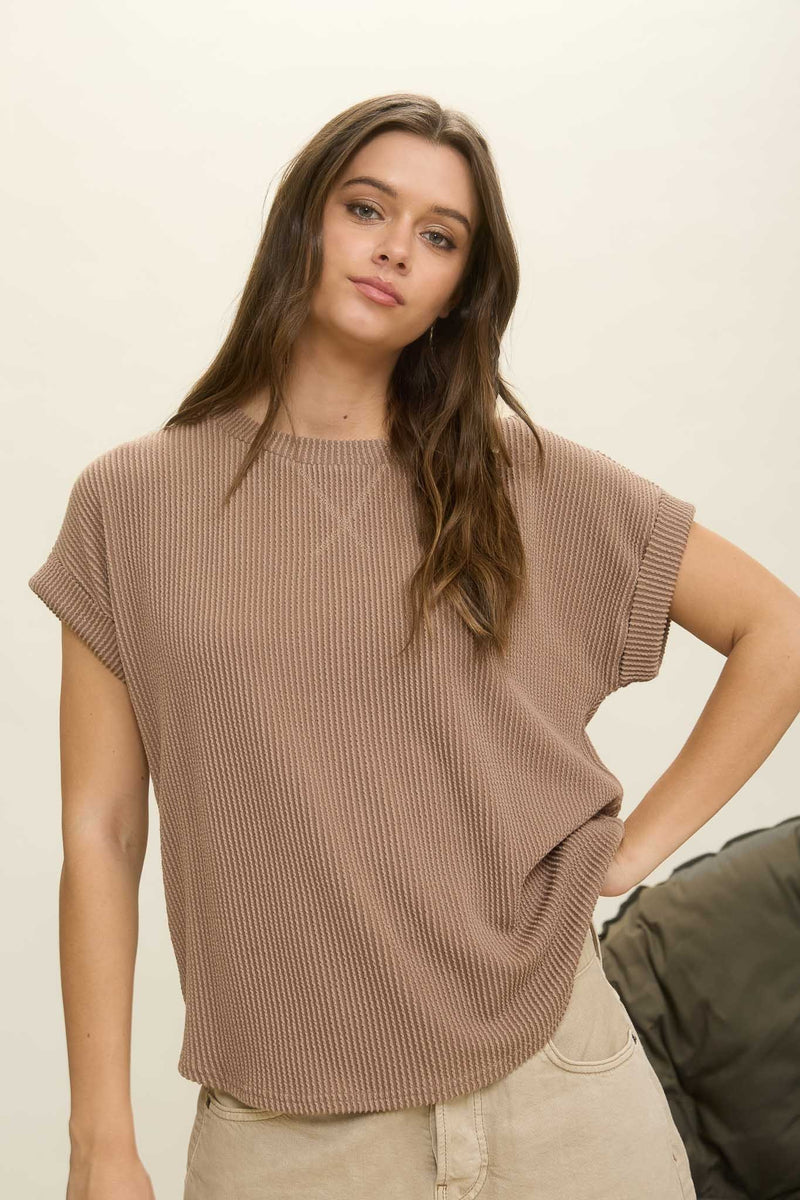 Lilly Ribbed Crew Neck Top, Mocha