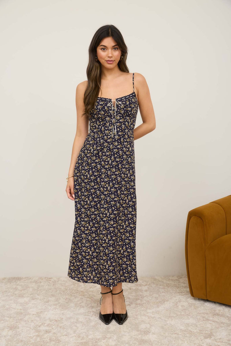 Angela Floral Lace Trim Midi Dress, Navy Multi