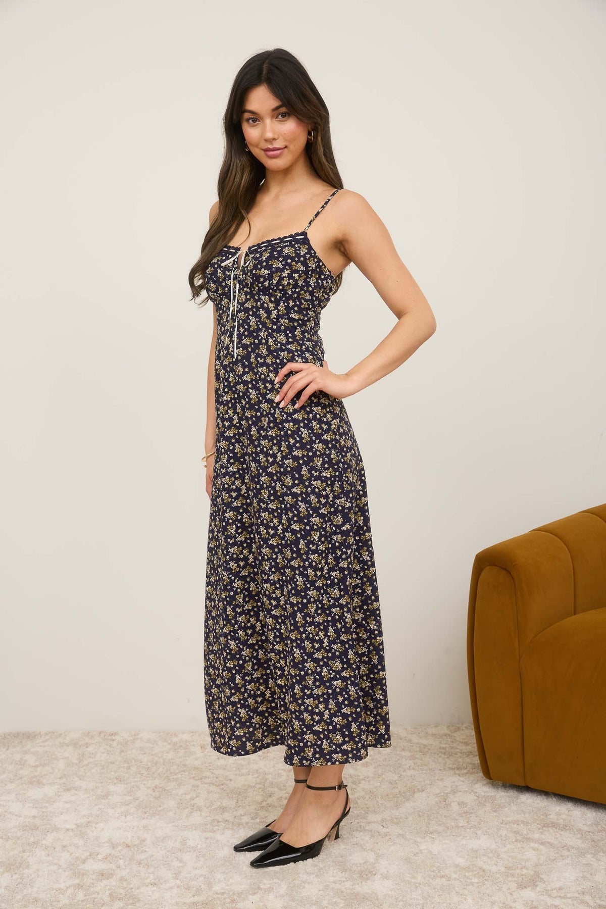 Angela Floral Lace Trim Midi Dress, Navy Multi North & Main Clothing Company Angela Floral Lace Trim Midi Dress, Navy Multi North & Main Clothing Company