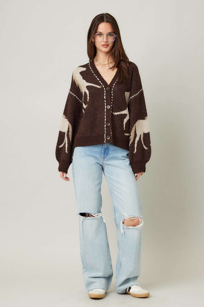 Rebekah Contrast Stitch Horse Cardigan, Brown