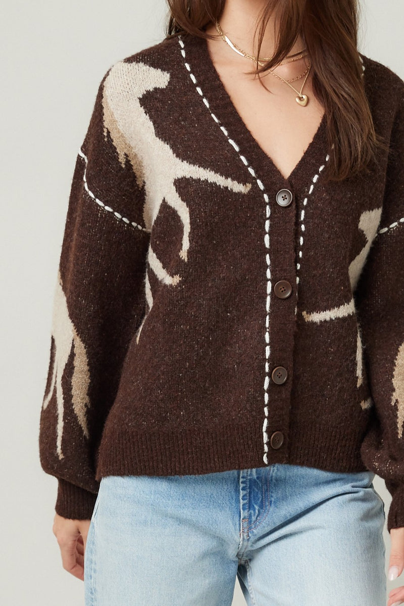 Rebekah Contrast Stitch Horse Cardigan, Brown