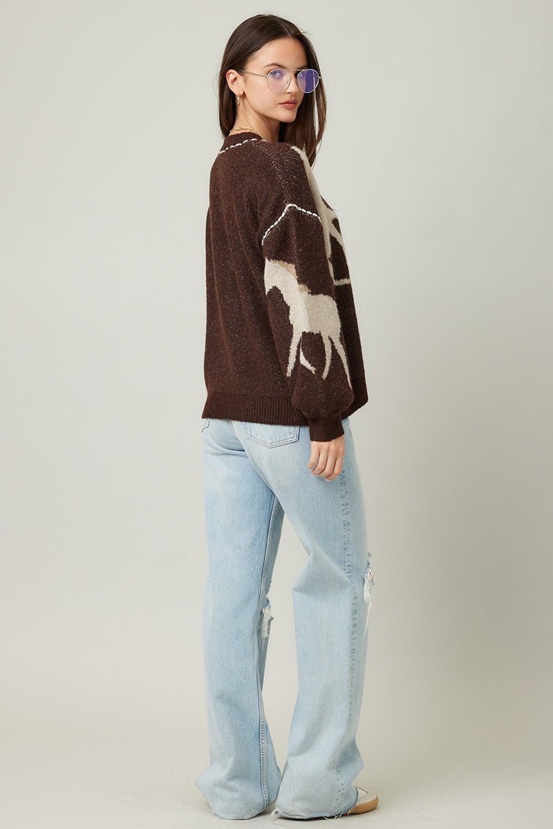Rebekah Contrast Stitch Horse Cardigan, Brown