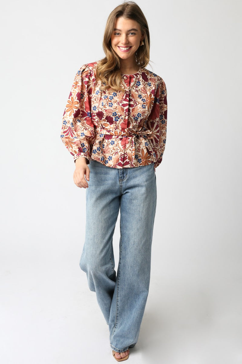 Adele Printed Button Down Blouse, Cream Rust