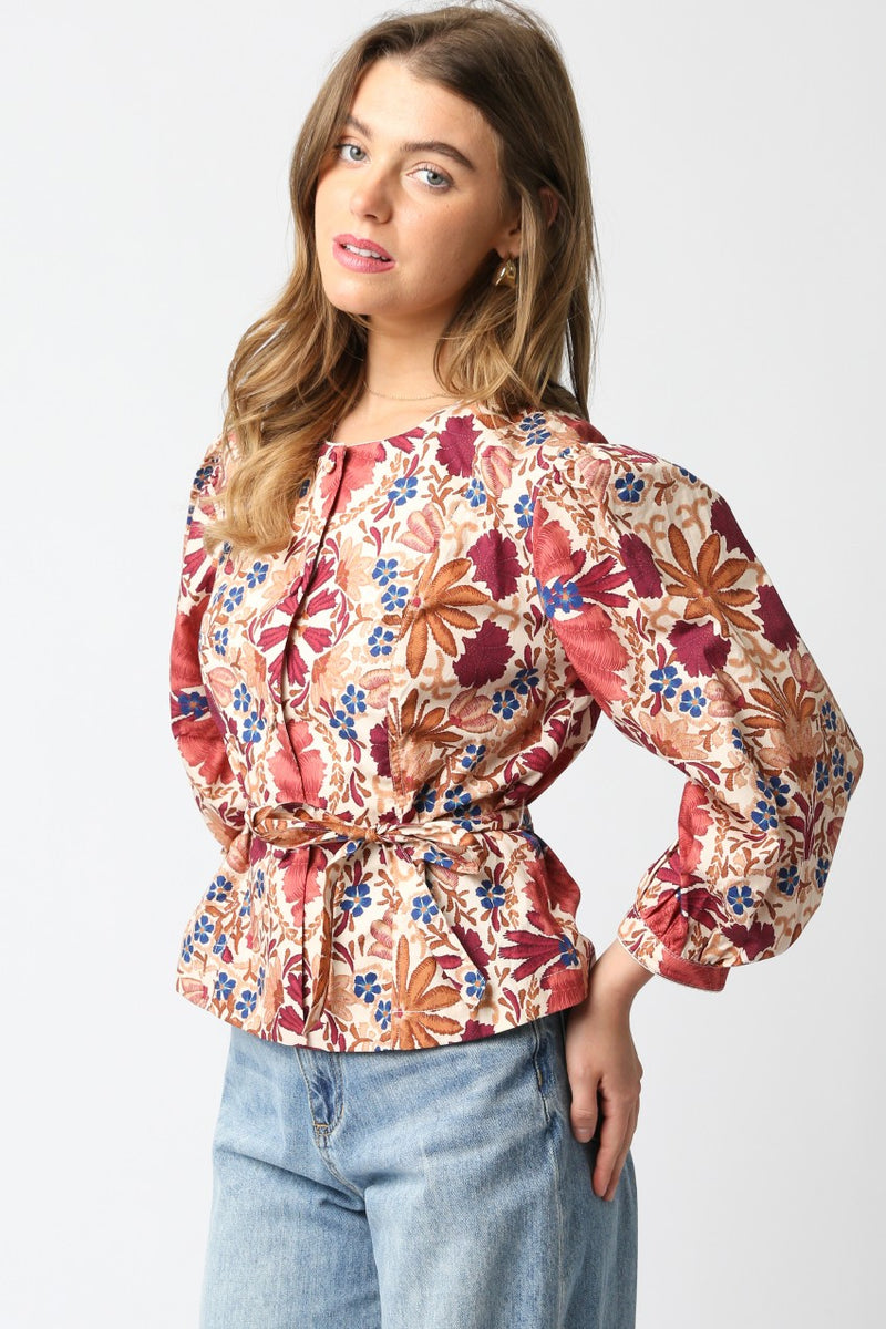 Adele Printed Button Down Blouse, Cream Rust