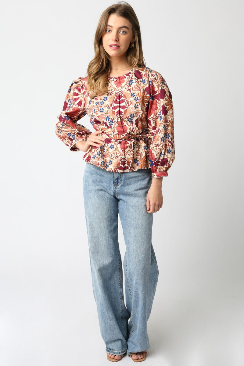 Adele Printed Button Down Blouse, Cream Rust
