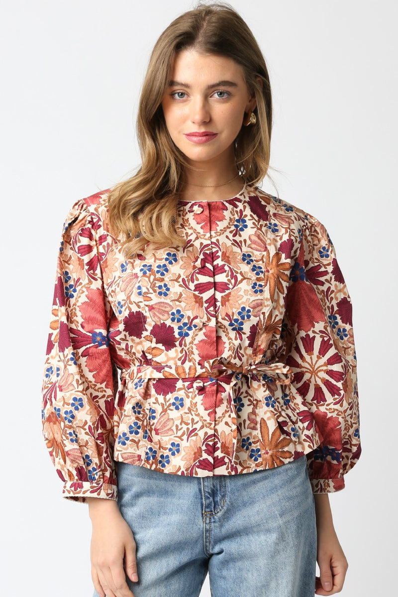 Adele Printed Button Down Blouse, Cream Rust