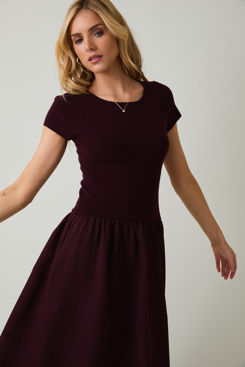 Lillian Woven Knit Mix Dress, Maroon