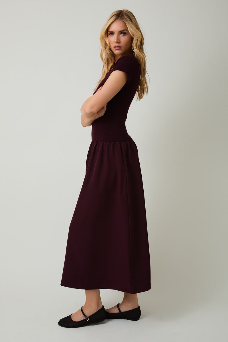 Lillian Woven Knit Mix Dress, Maroon