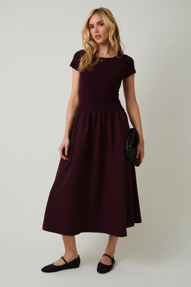 Lillian Woven Knit Mix Dress, Maroon