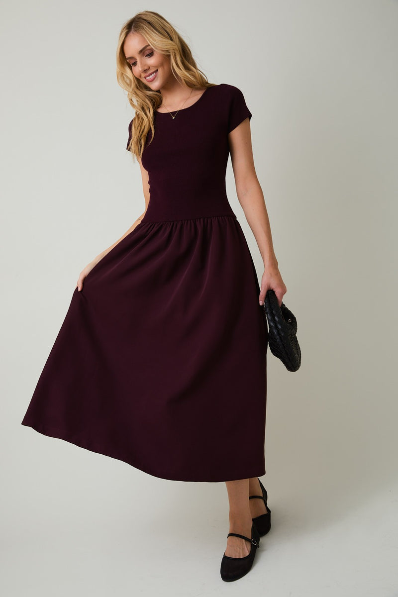 Lillian Woven Knit Mix Dress, Maroon