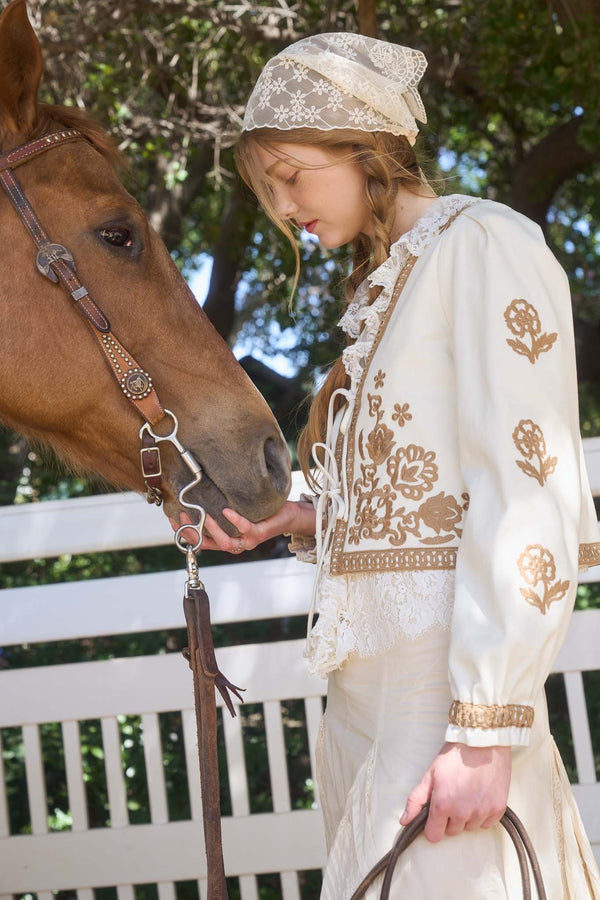 Mia Embroidered Front Tie Jacket, Ecru