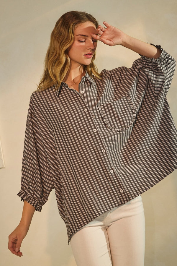 Cressida Striped Button Down Shirt, Black Stripe