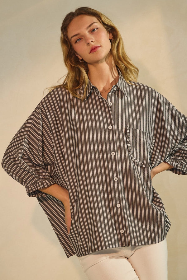 Cressida Striped Button Down Shirt, Black Stripe