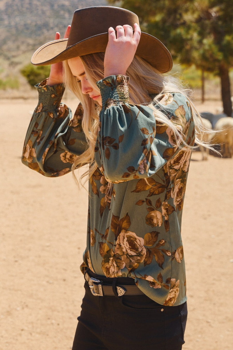Dora Floral Smocked Detail Blouse, Deep Sage Multi