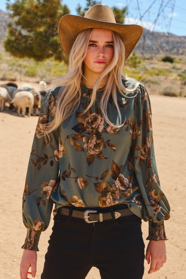 Dora Floral Smocked Detail Blouse, Deep Sage Multi