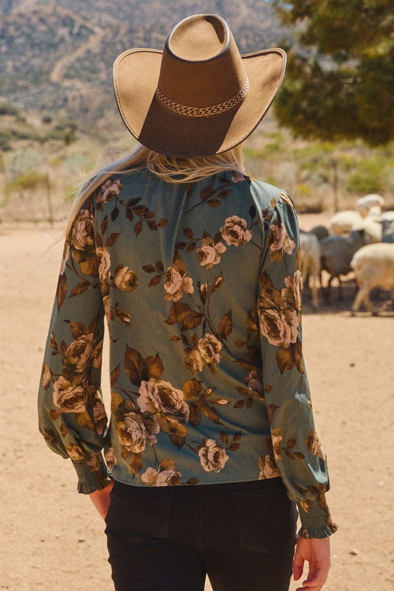 Dora Floral Smocked Detail Blouse, Deep Sage Multi