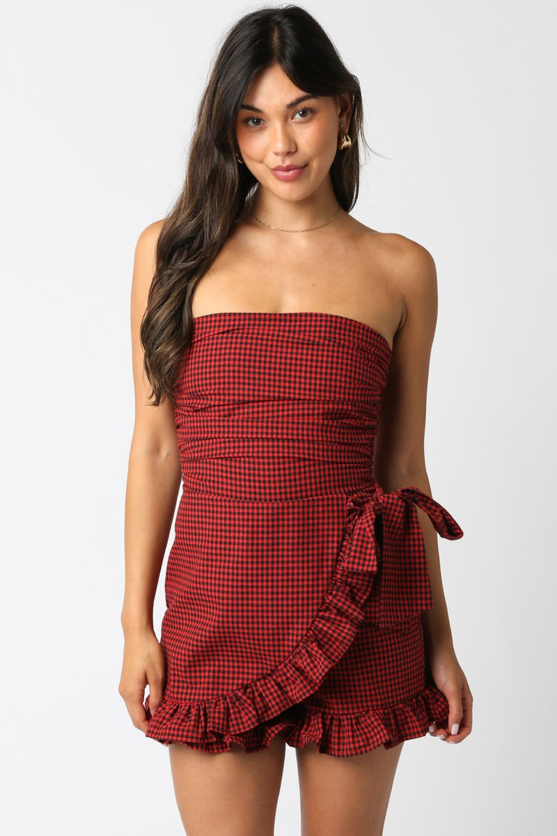 Guinevere Strapless Checkered Romper, Black Red