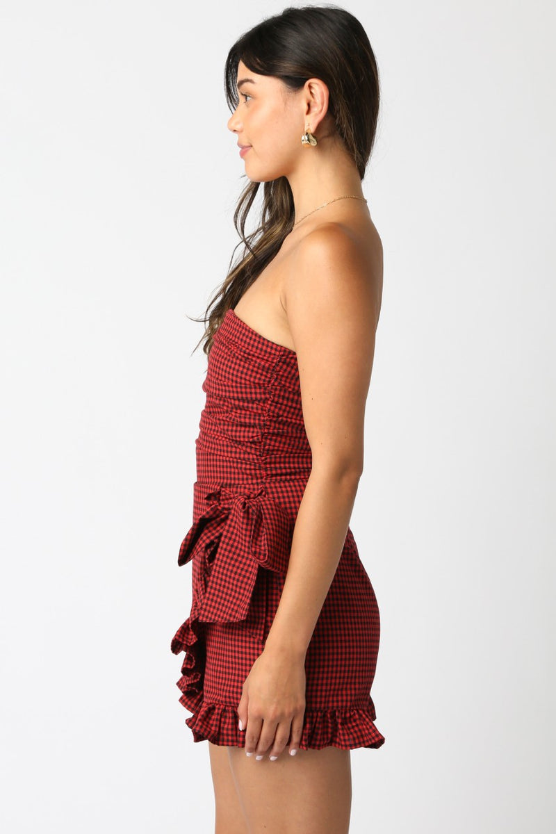 Guinevere Strapless Checkered Romper, Black Red