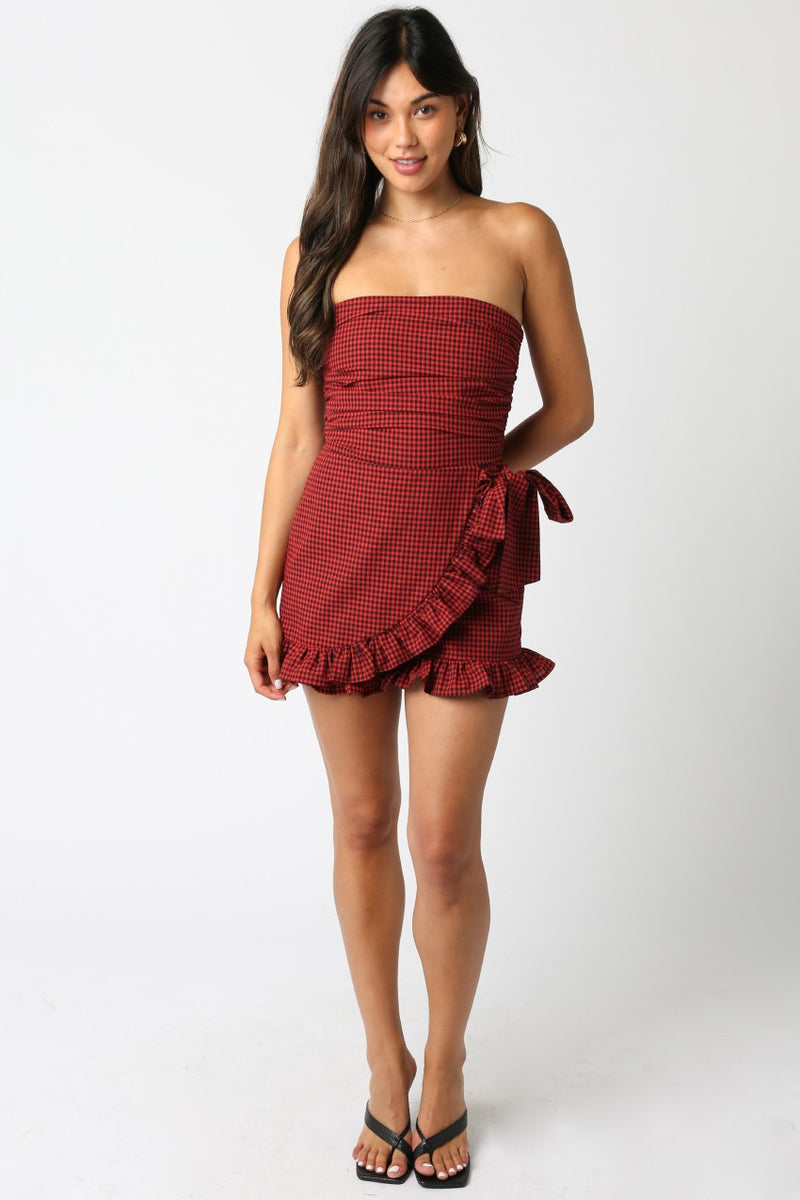 Guinevere Strapless Checkered Romper, Black Red