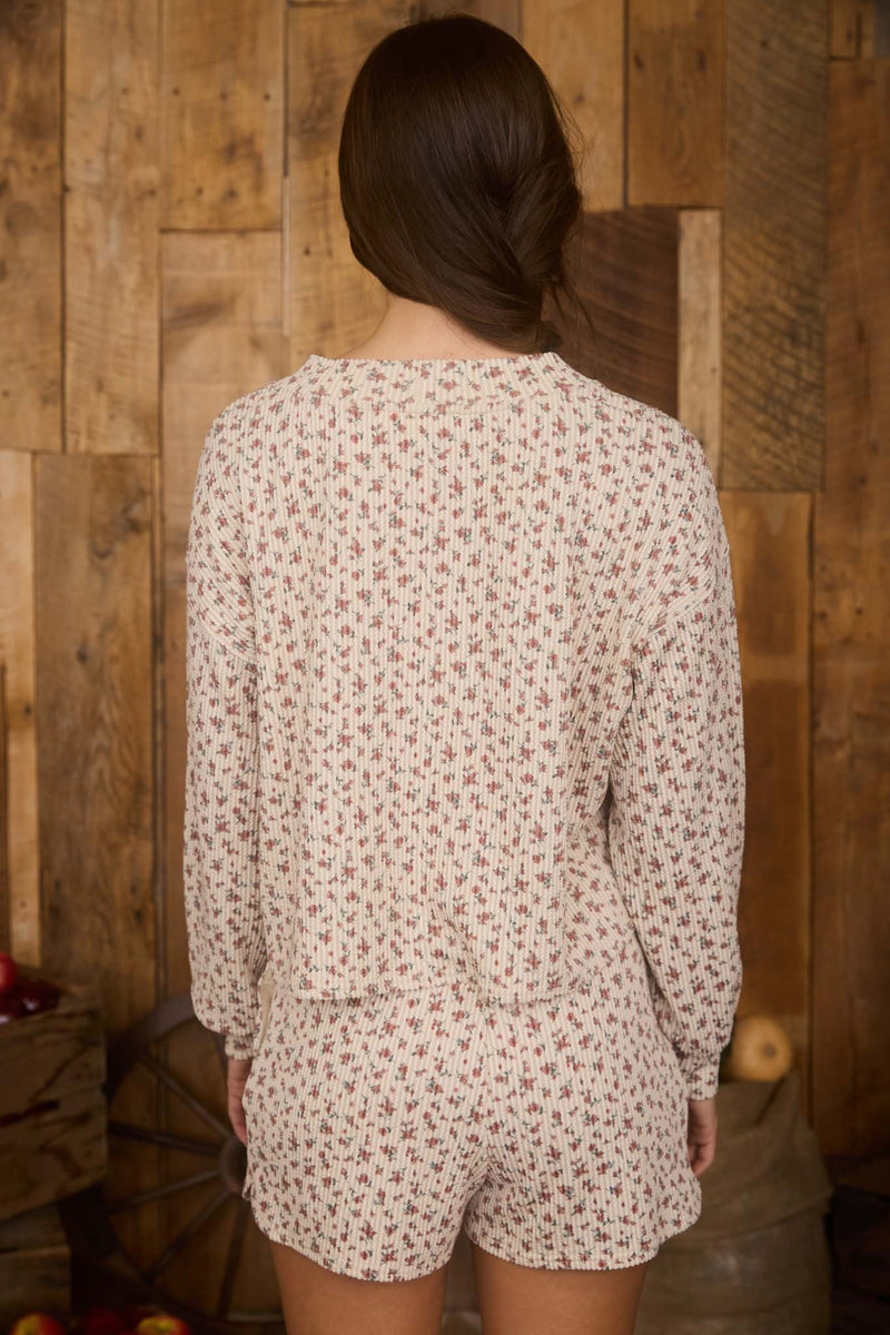 Savannah Floral Print Rib Knit Cardigan, Brown Multi