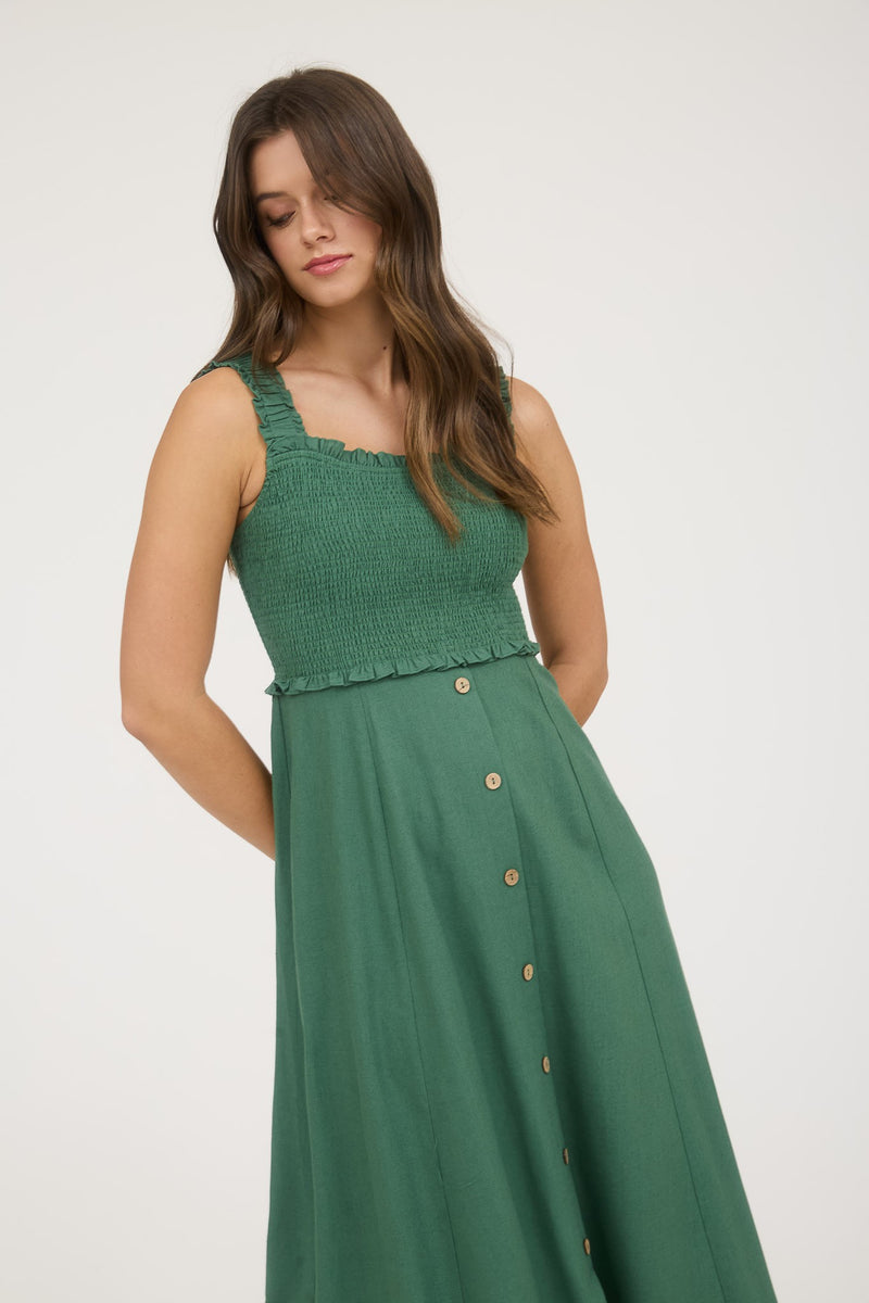 Maisie Smocked Faux Button Down Dress, Moss Green