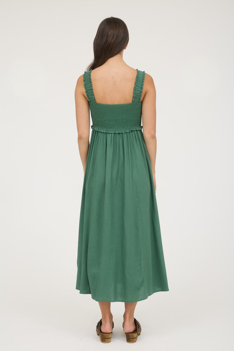 Maisie Smocked Faux Button Down Dress, Moss Green