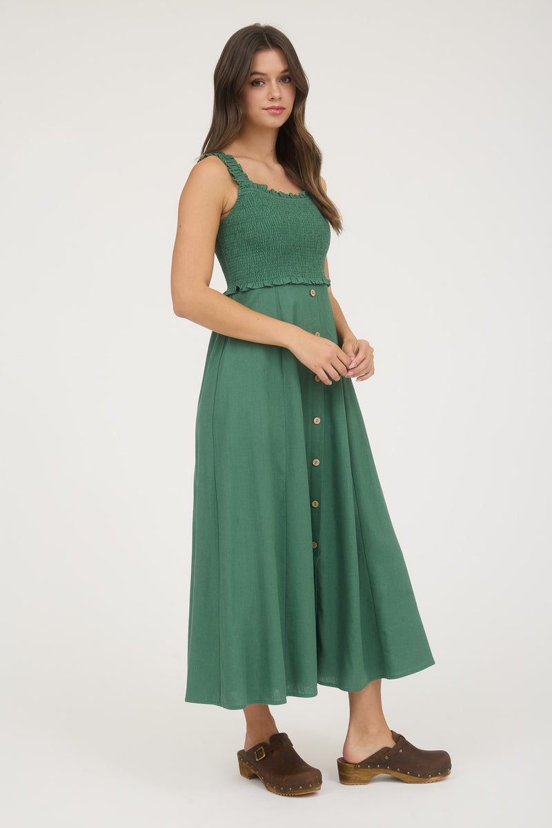 Maisie Smocked Faux Button Down Dress, Moss Green