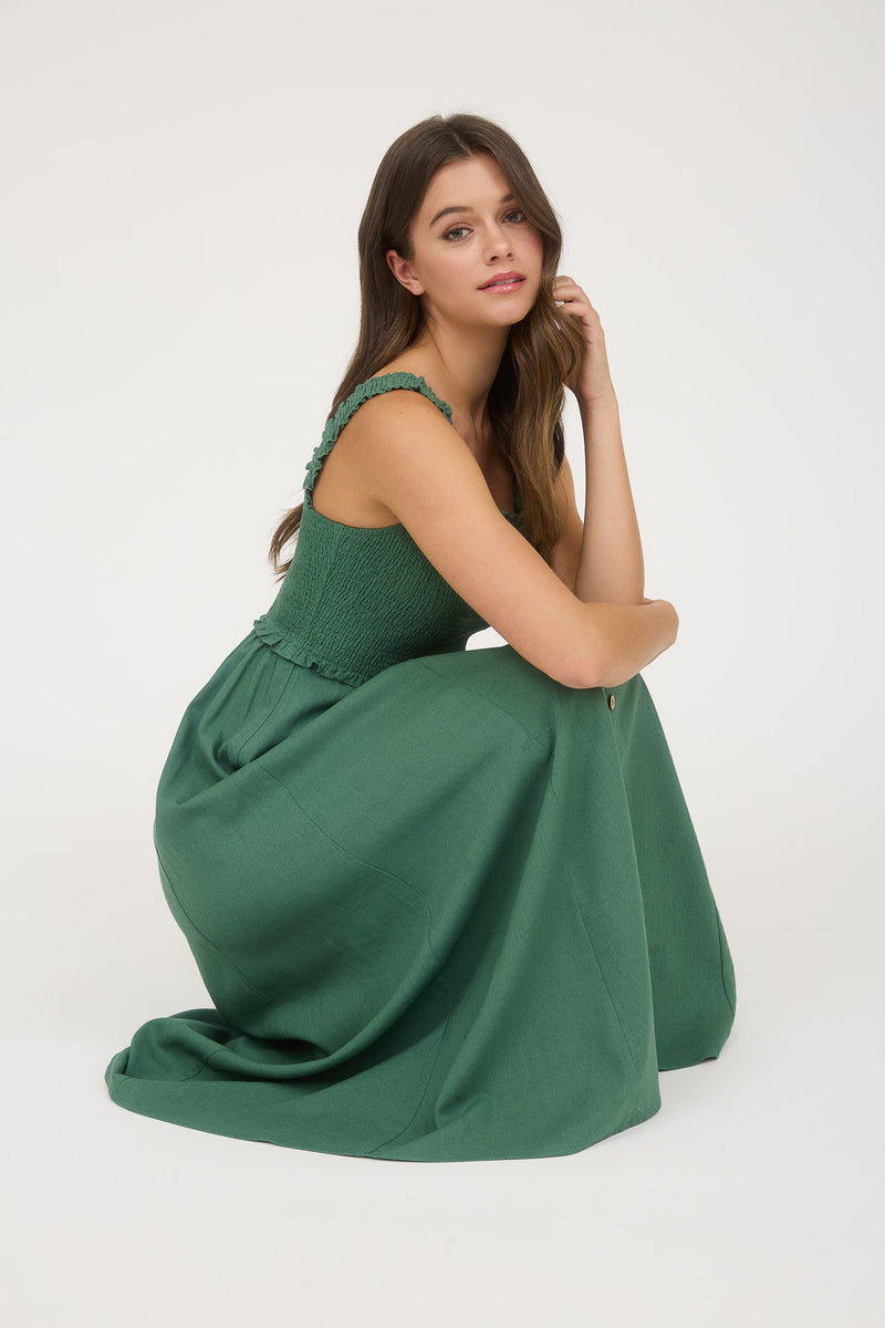 Maisie Smocked Faux Button Down Dress, Moss Green