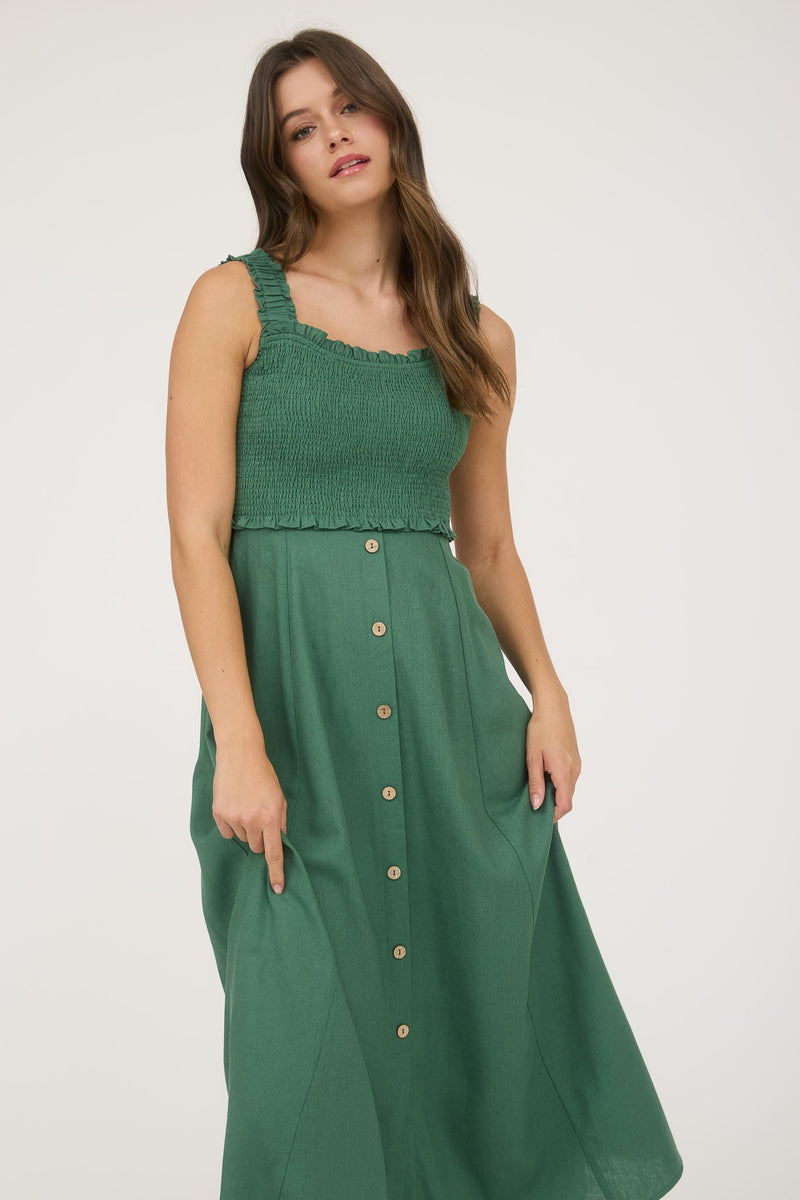 Maisie Smocked Faux Button Down Dress, Moss Green