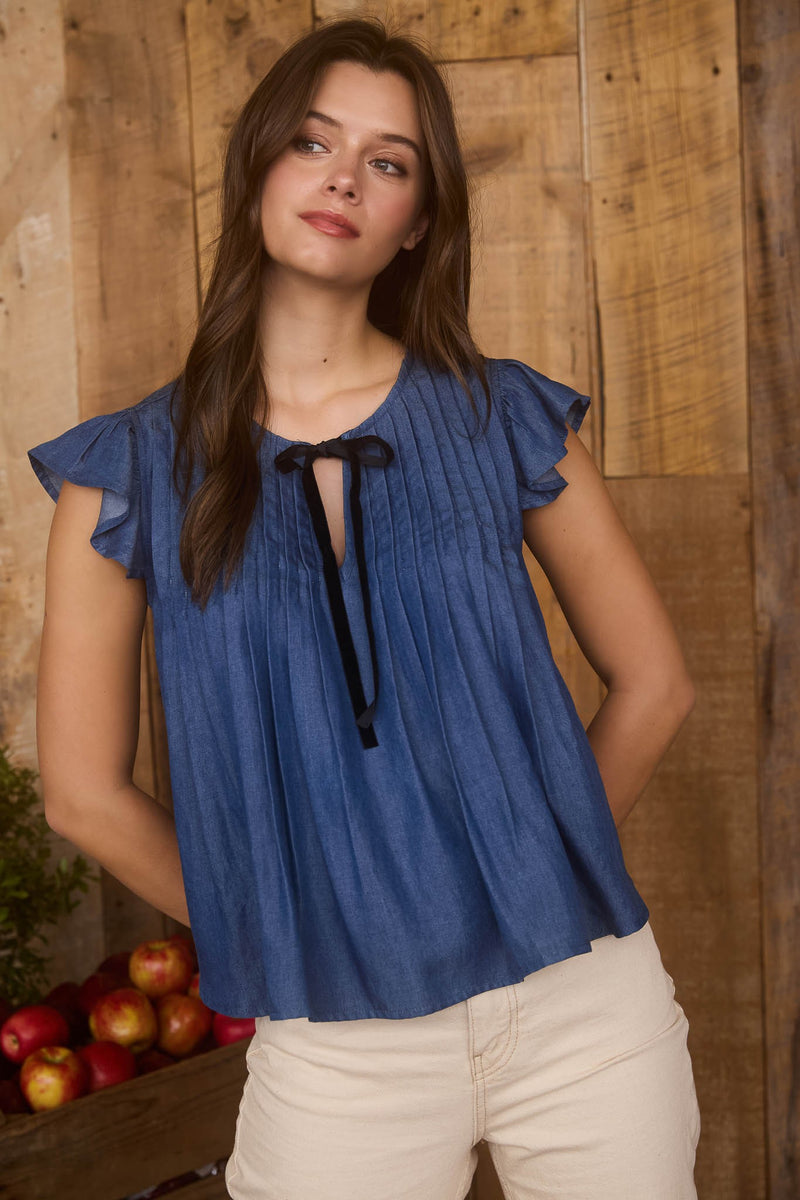 Rayna Contrast Front Tie Neck Top, Chambray