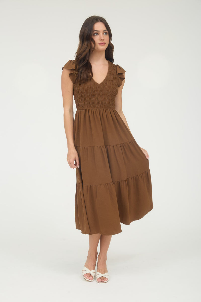 Greta Flutter Sleeve Maxi Dress, Dark Brown