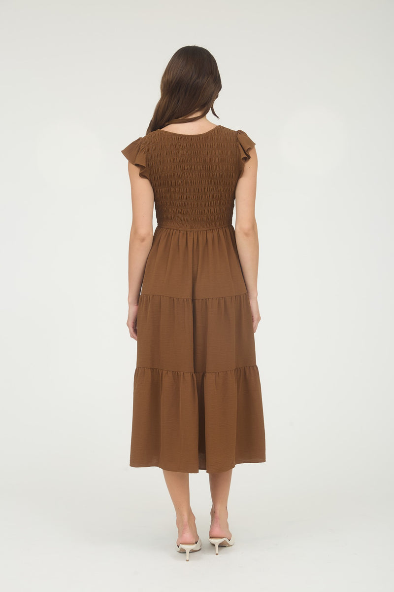 Greta Flutter Sleeve Maxi Dress, Dark Brown