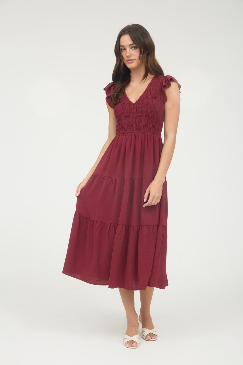 Greta Flutter Sleeve Maxi Dress, Burgundy