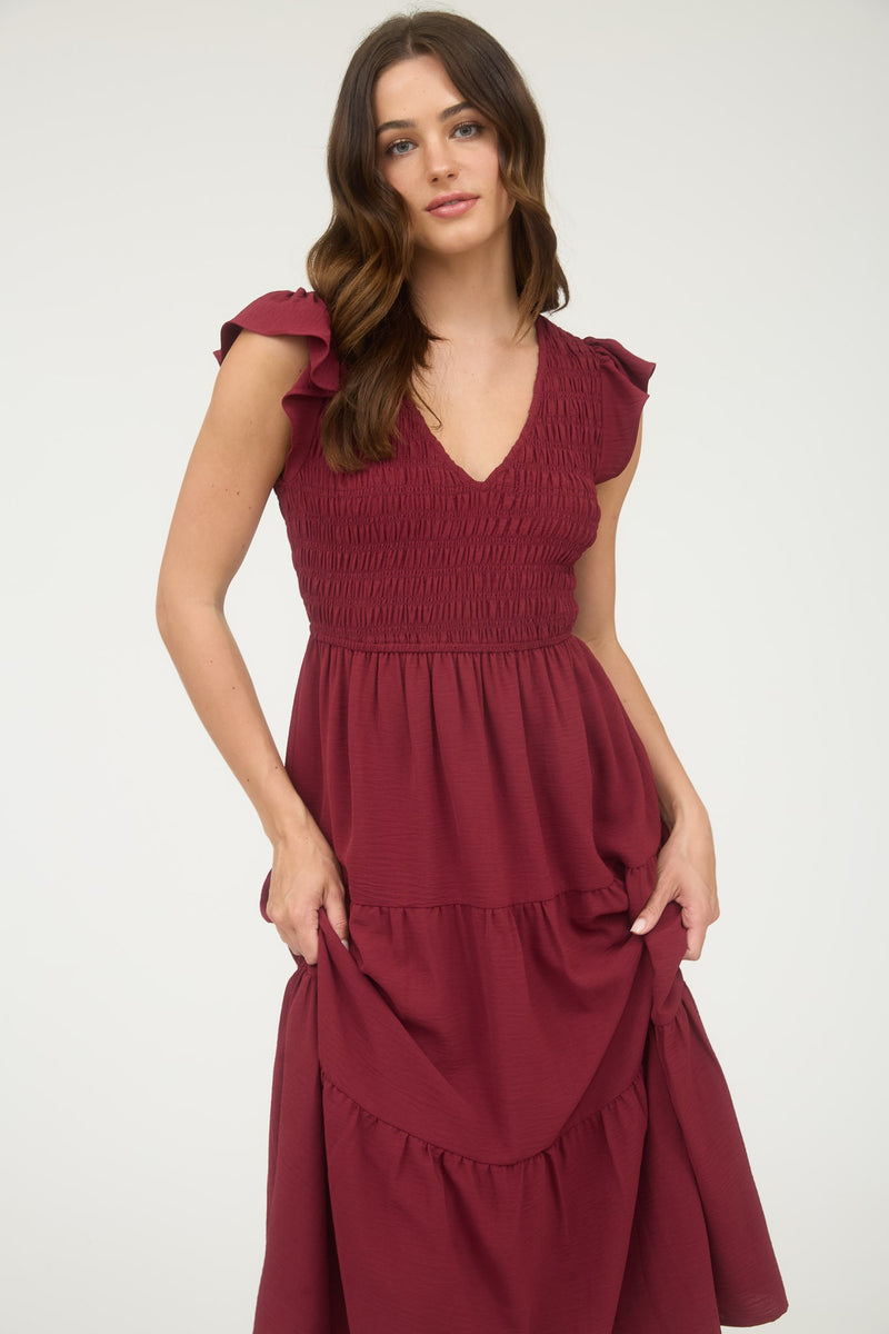 Greta Flutter Sleeve Maxi Dress, Burgundy