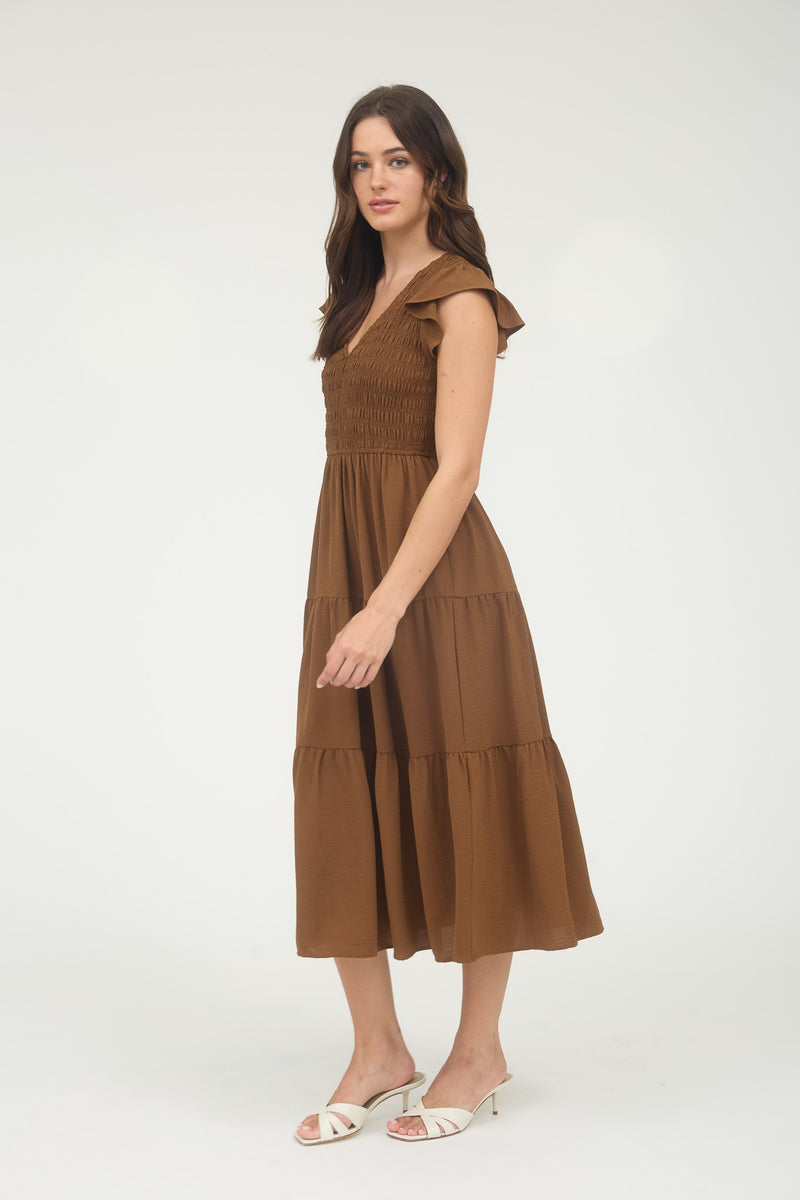 Greta Flutter Sleeve Maxi Dress, Dark Brown