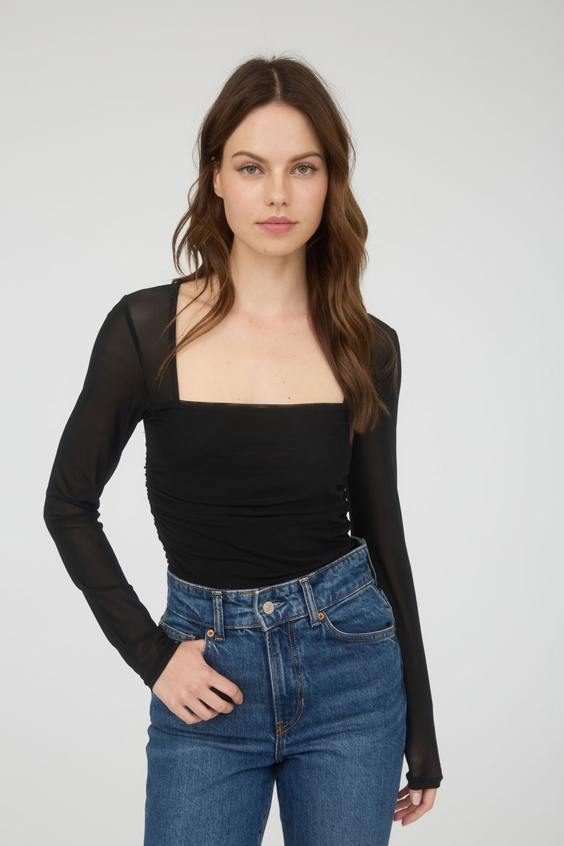 Skylar Ruched Waist Square Neck Top, Black