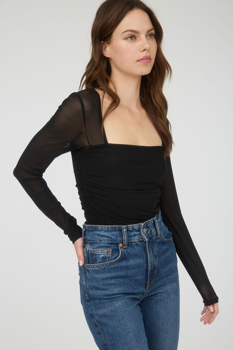 Skylar Ruched Waist Square Neck Top, Black