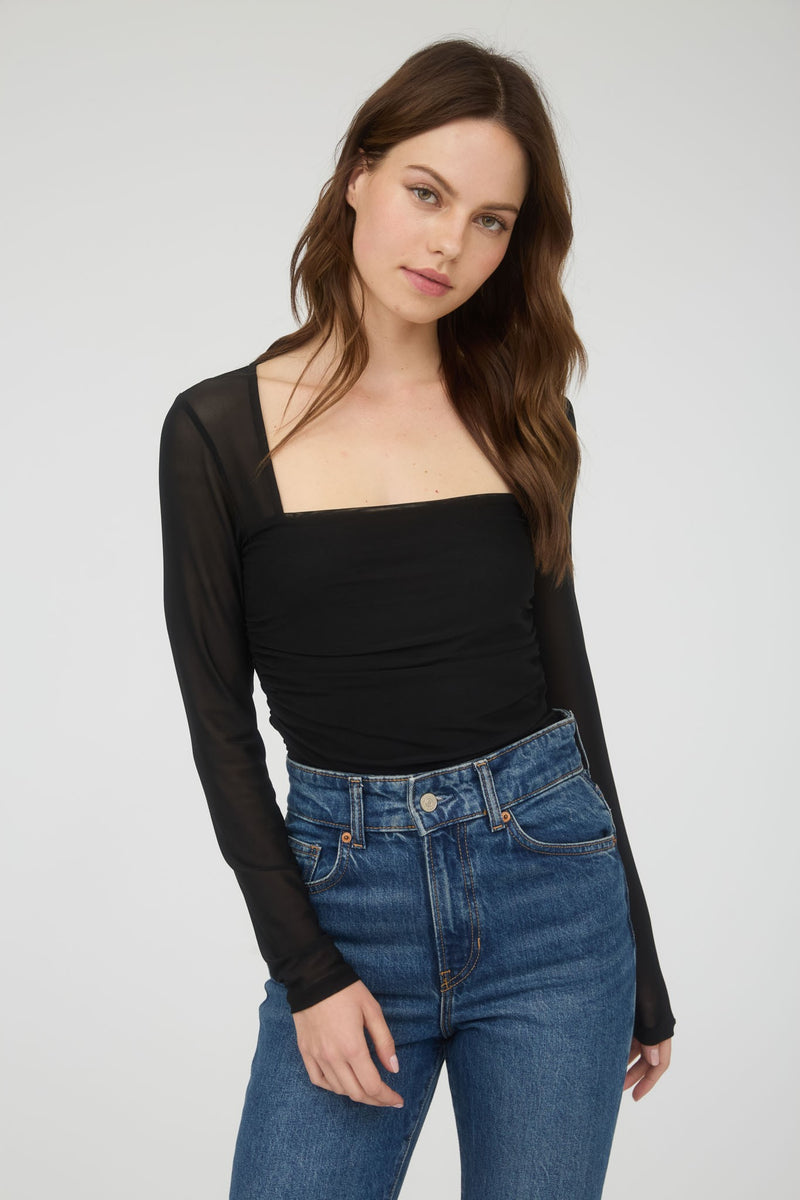 Skylar Ruched Waist Square Neck Top, Black