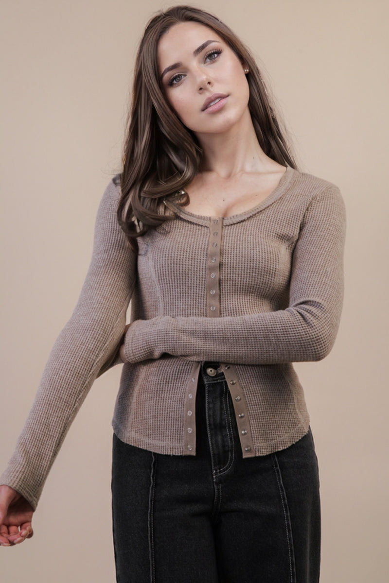Opal Waffle Knit Snap Button Top, Mocha