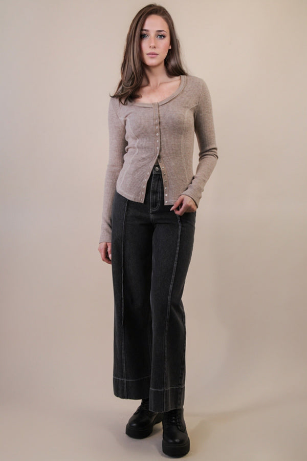 Opal Waffle Knit Snap Button Top, Mocha