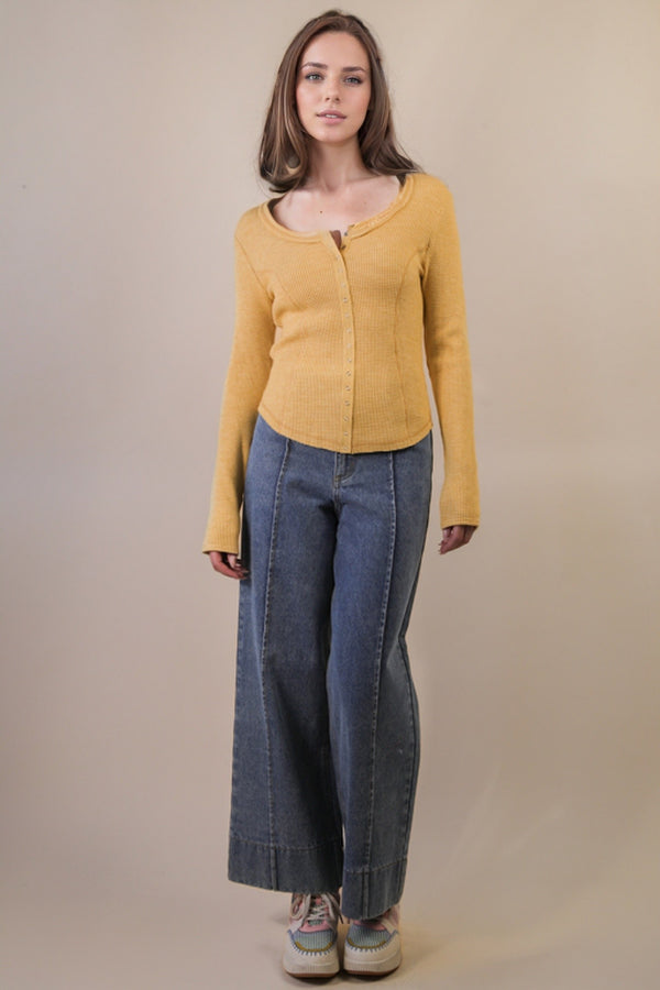 Opal Waffle Knit Snap Button Top, Yellow