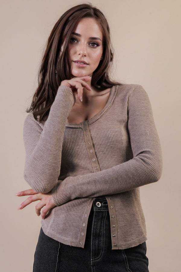 Opal Waffle Knit Snap Button Top, Mocha