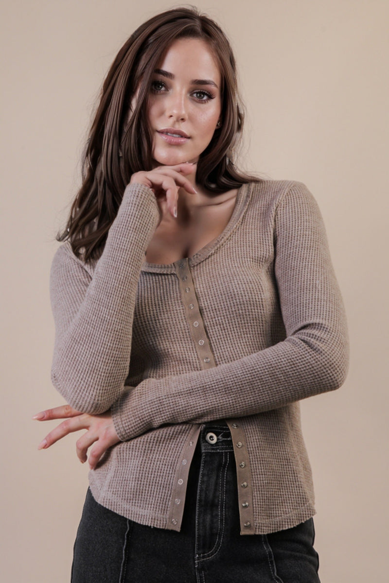 Opal Waffle Knit Snap Button Top, Mocha