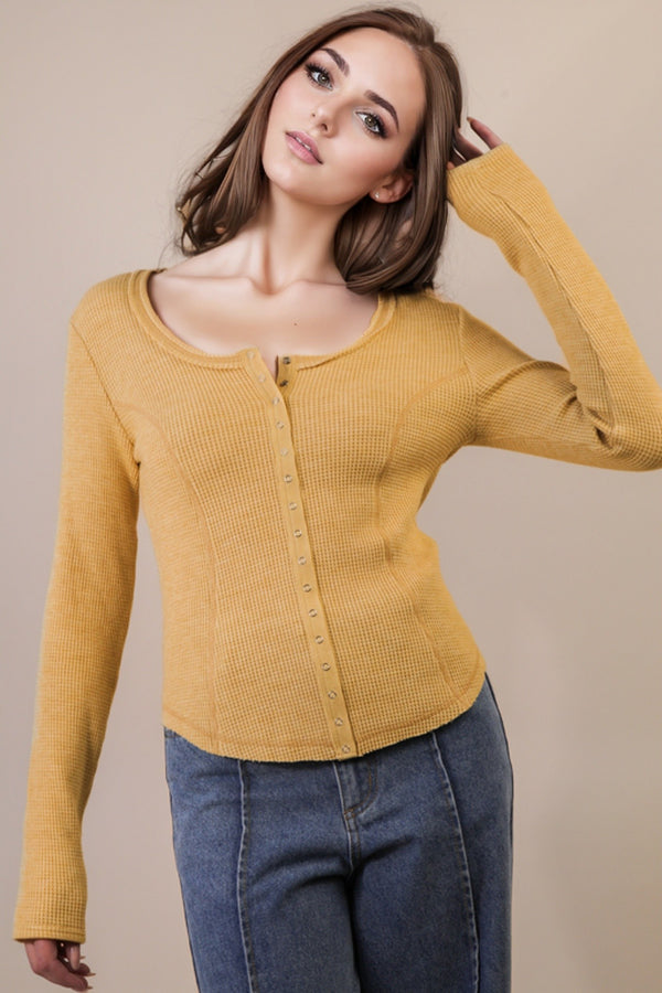 Opal Waffle Knit Snap Button Top, Yellow