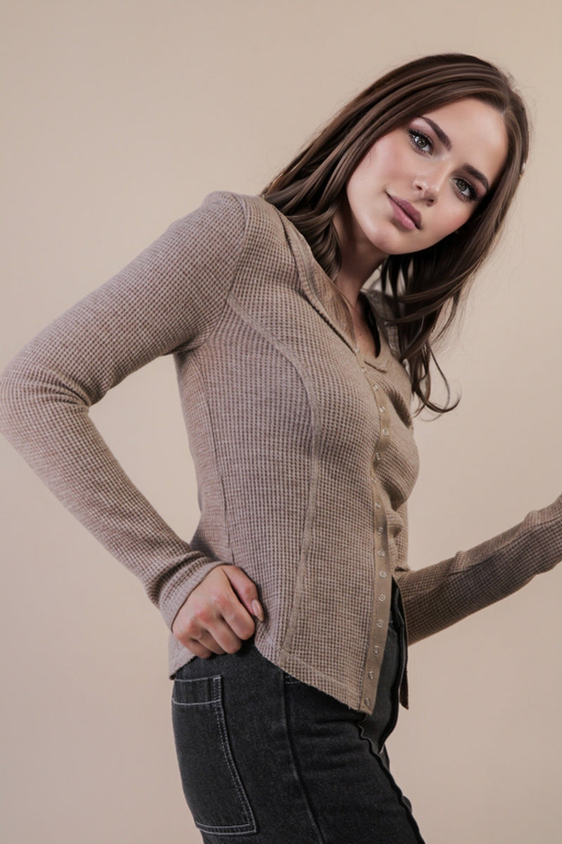 Opal Waffle Knit Snap Button Top, Mocha