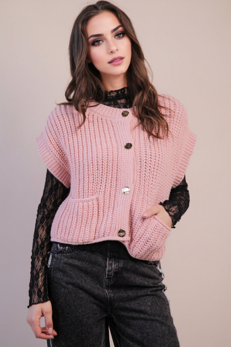 Dorothea Chunky Button Down Sweater, Blush